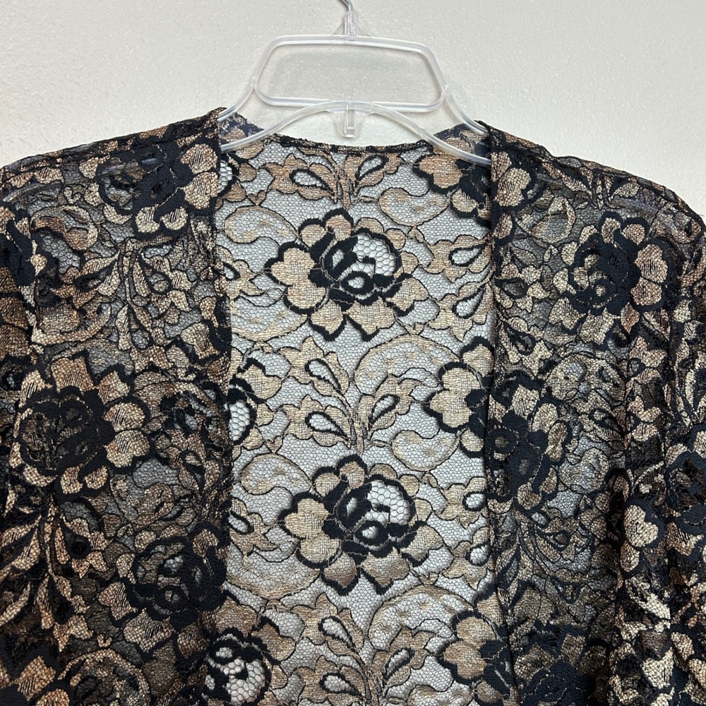 Vintage Lace Bolero Jacket Womens 14 Black Gold Metallic Floral Shrug Sheer Chic - Picture 6 of 15